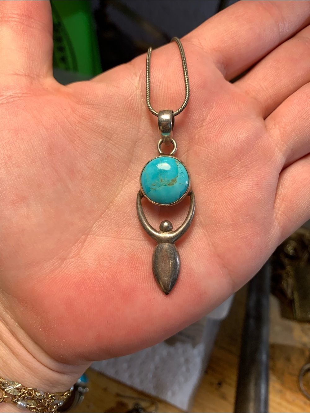 Sterling Silver Goddess Pendant Necklace with Turquoise Stone on 18” chain